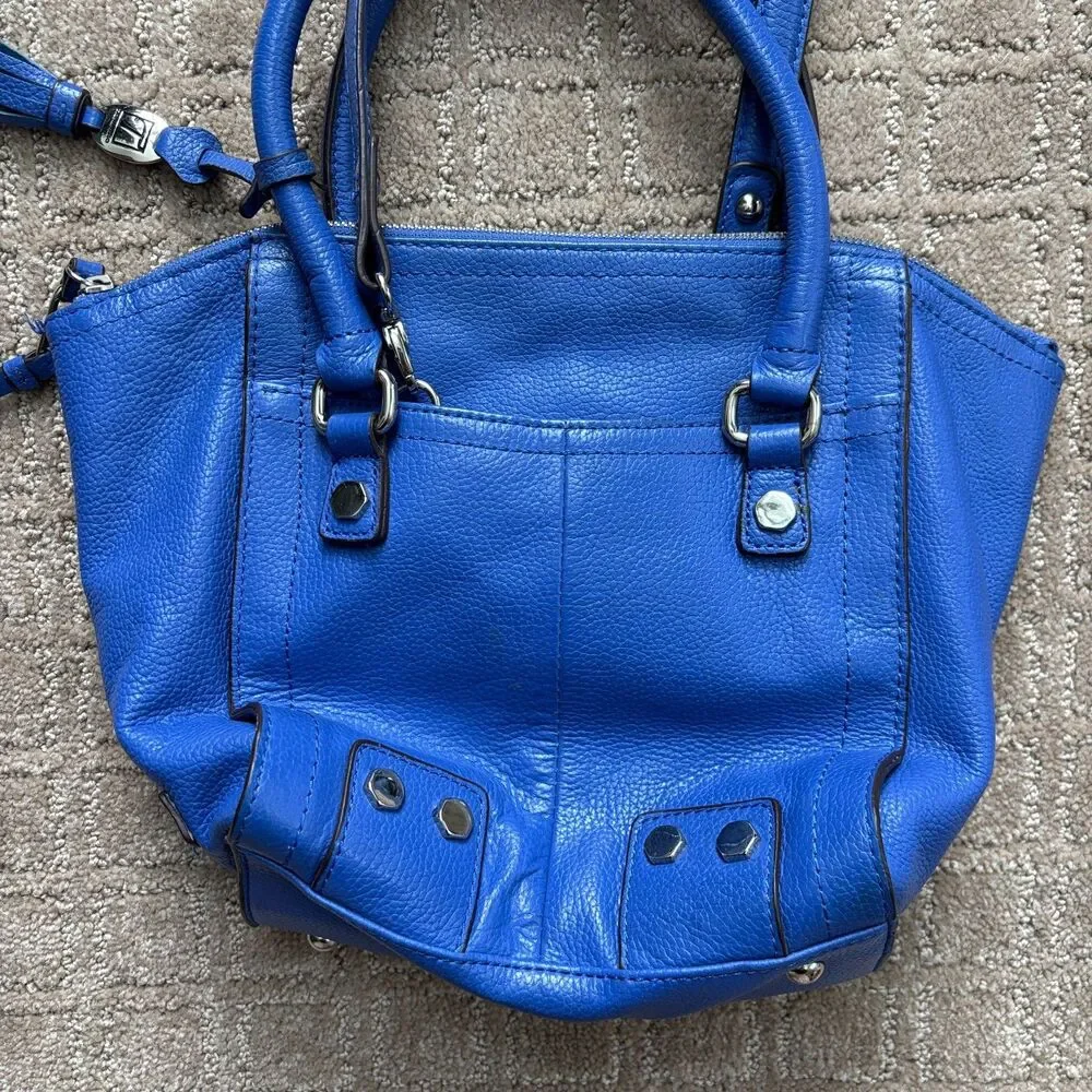 Tignanello Pebbled Leather Blue Satchel Shoulder Bag Crossbody Casual Medium